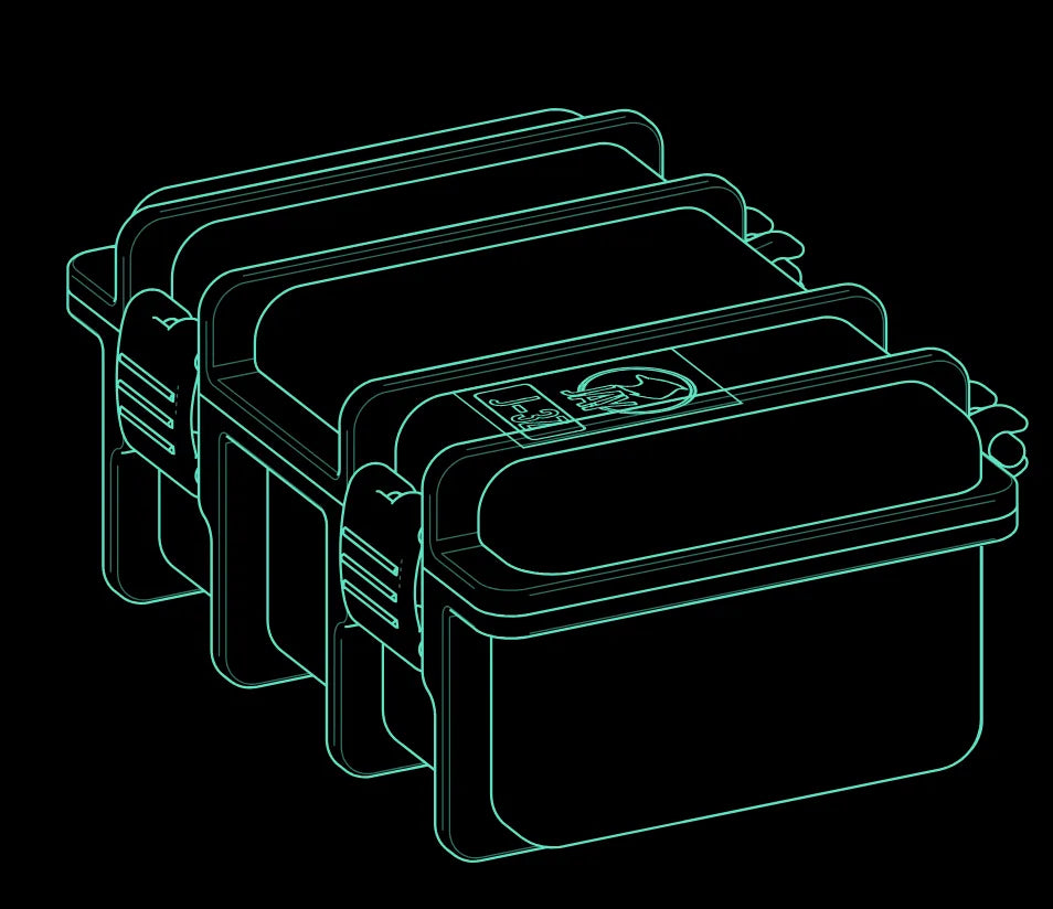 Line drawing of the J-3Z opening: the latches flip up, the lid opens and foam cubes pluck out, then it closes and changes color.